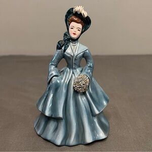 VTG 50s Florence Ceramics Lady Figurine Kay In Blue W/ Gold & Silver Muff 6”